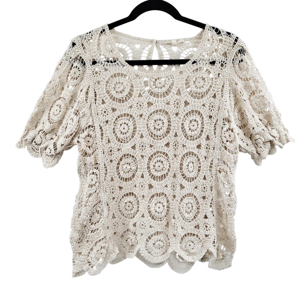 Solitaire Medallion Scalloped Hem Cream Crotchet Knit Circular Print Top Size XL